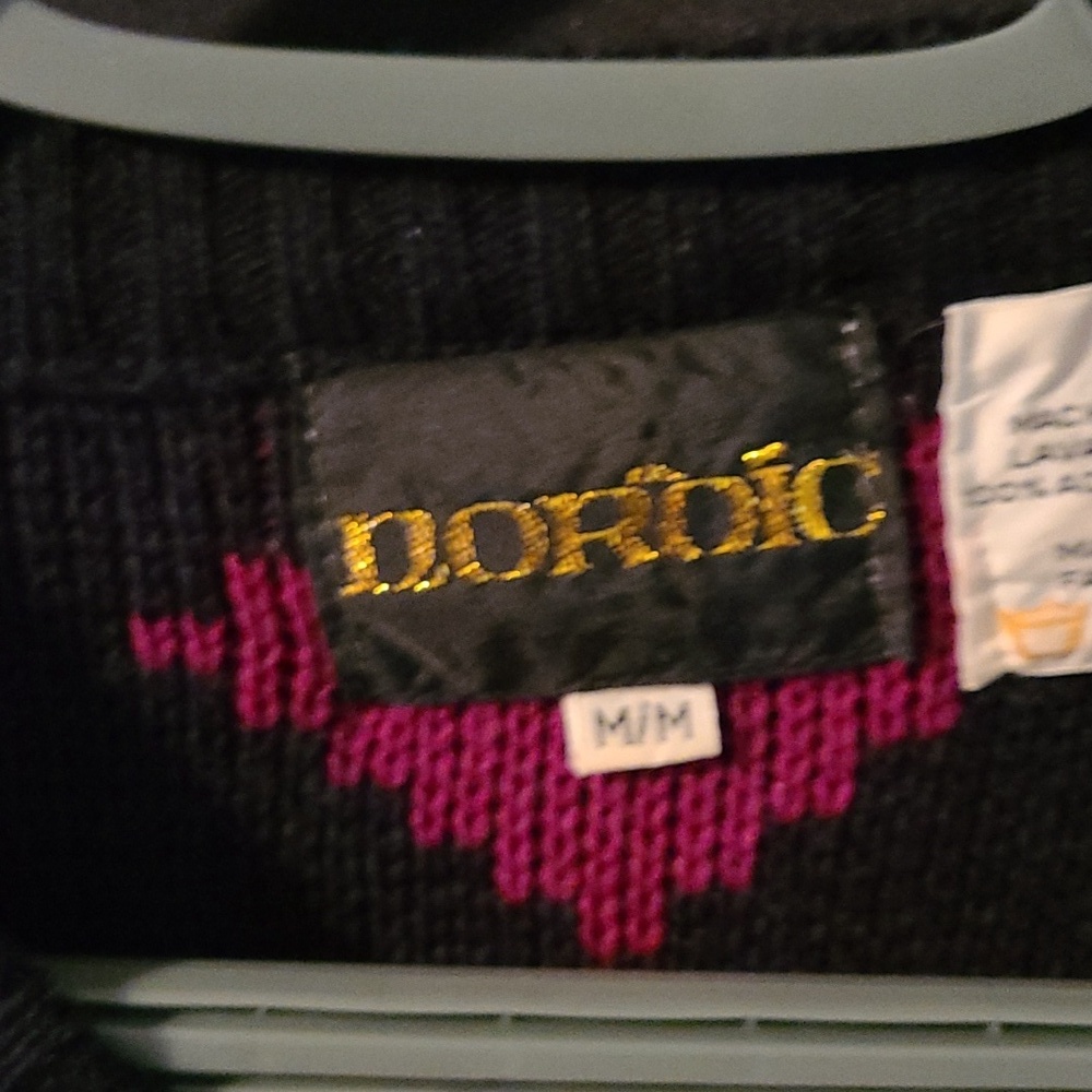 Vintage NORDIC Geometric Patterned Sweater - Black and Purple  Leather Accents - Picture 4 of 12